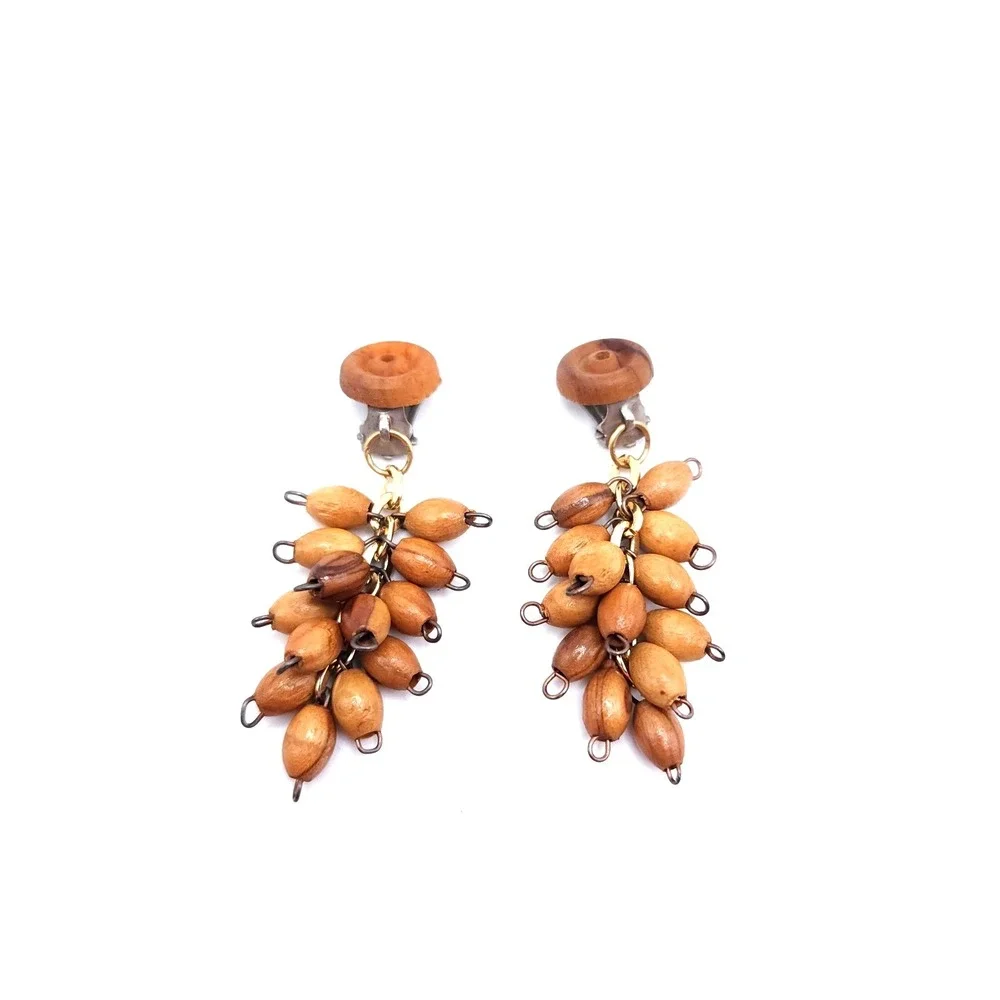 Vintage Olive Wood Necklace‎ Earring Set Bird Pendant Clip On 18in